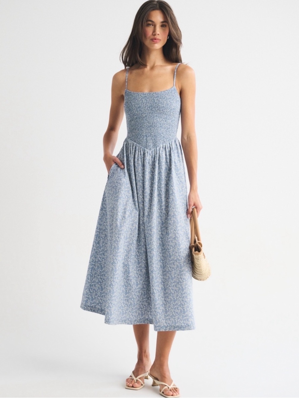 A&F Blue Floral Sydney Smocked Dipped-Waist Dress